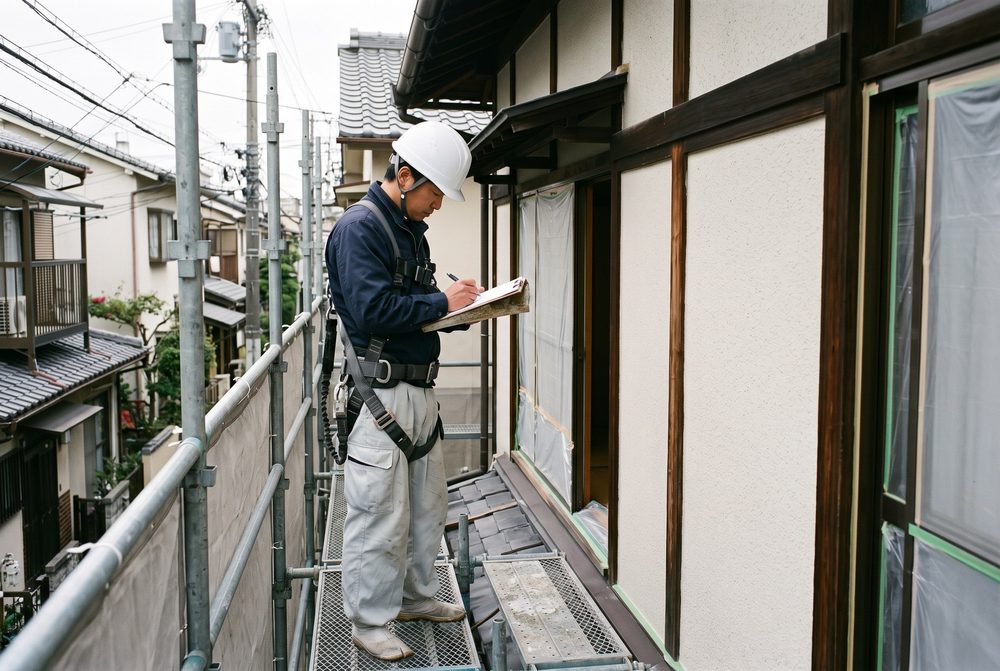外壁を点検するタカヤペインテックの職人