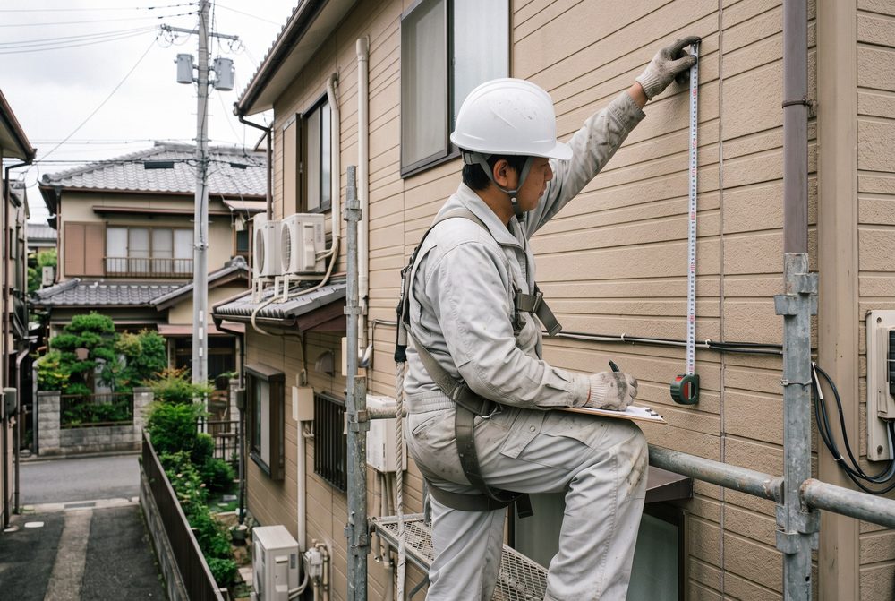足場の上で外壁を測る職人